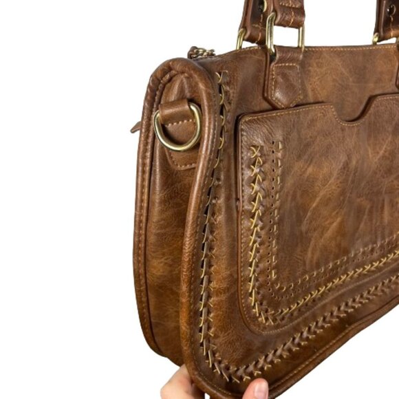 Madison West Womens Distressed Vegan Leather Shoulder Bag Brown Western Boho - Picture 4 of 11